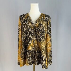 Vintage Patterned Gold, Olive Green, & Gold Top With Rounded Lower Hem